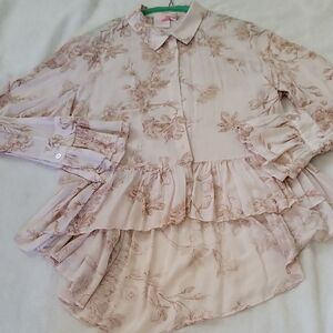 LC Lauren Conrad Pale Pink Floral Ruffle Blouse
